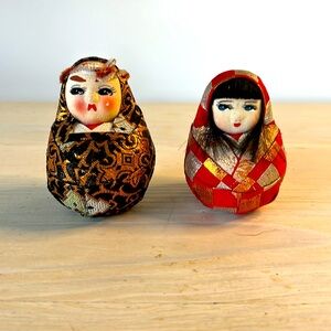 Set of 2 Himedaruma Japanese Jingū Doll Vintage 1970s Brocade man and woman.